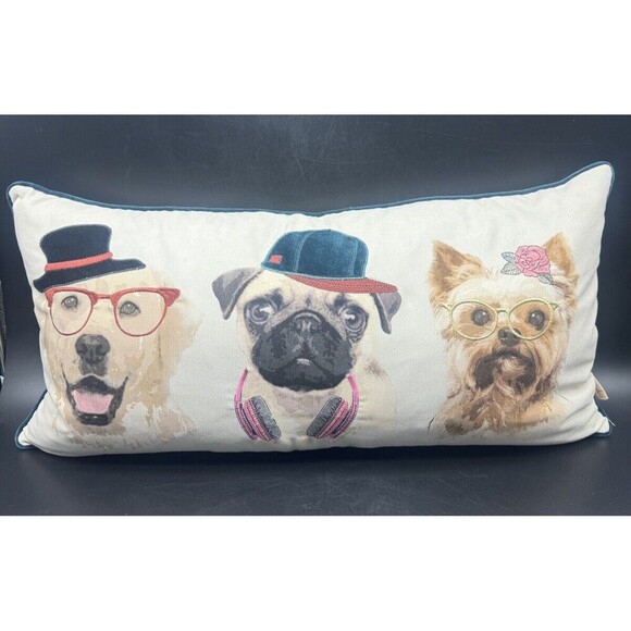 Loving Kindness Embroidered DRESSED UP DOGS  Long Sofa Bed Throw Pillow 27 X 14” - Picture 2 of 9